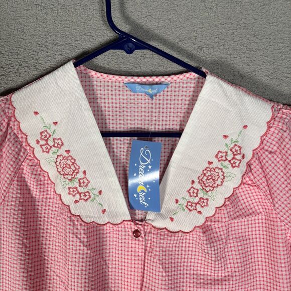 NWT Dreamcrest Night Gown Women’s Size L‎ Coral Gingham Plaid Pearl Snap Muumuu - Picture 3 of 12